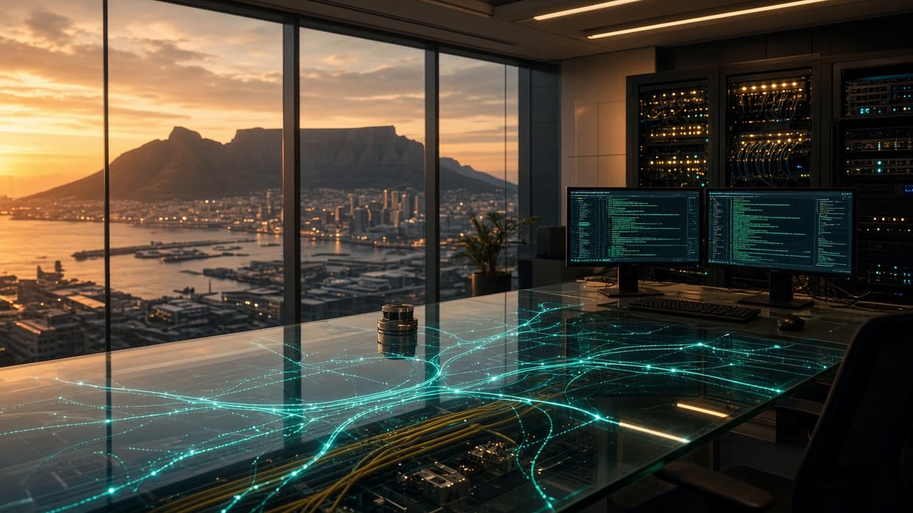 Technical systems assembling — fibre, code, and a network mesh.